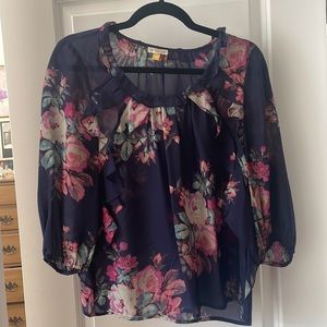 Navy blue floral top 100% silk by Leifsdottir for Anthropologie